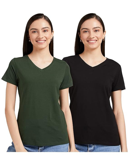 Symbol Women's Solid Cotton Stretch Half Sleeve V-Neck Regular Fit T-Shirt (Pack of 2)